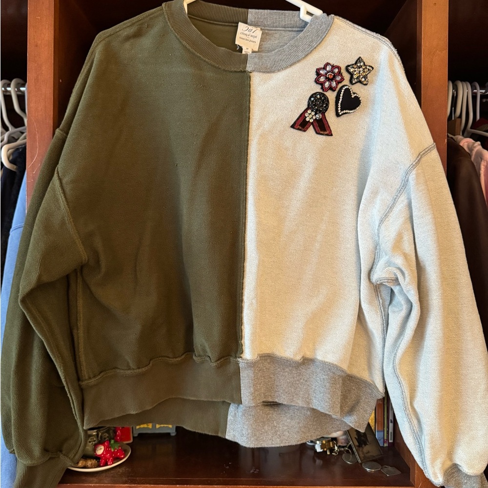 Cinq a Sept Bryan patchwork sweatshirt. Size M. Half grey half army green.